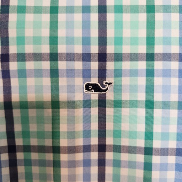 Vineyard Vines Whale Button Shirt Men's Large Plaid Green Navy Cotton Size M - Picture 7 of 13